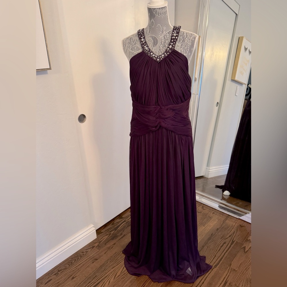 Xscape Jeweled halter style evening gown in aubergine size 18W.